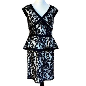 TADASHI SHOJI Black White Embroidered Lace Corded Peplum Corset Dress sz 14